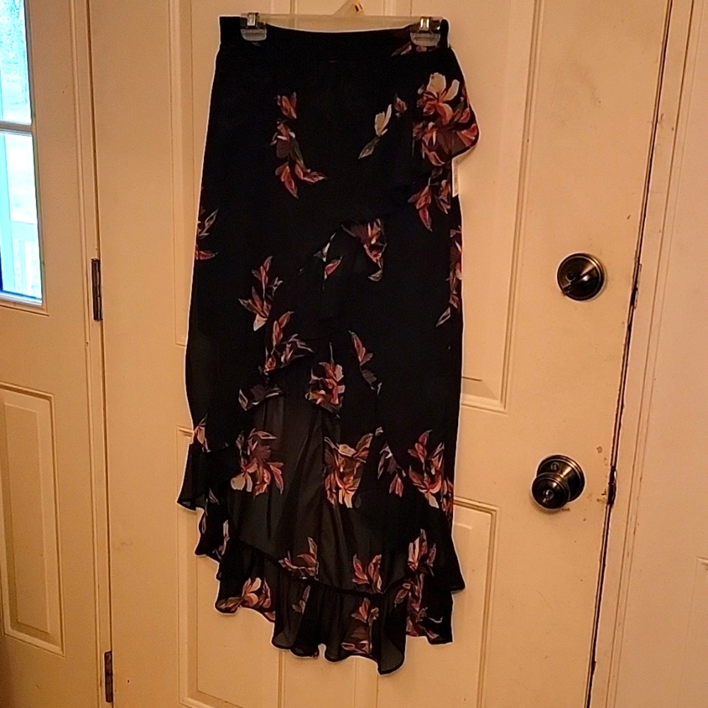 Black floral shear high low skirt with ruffles with built-in mini skirt